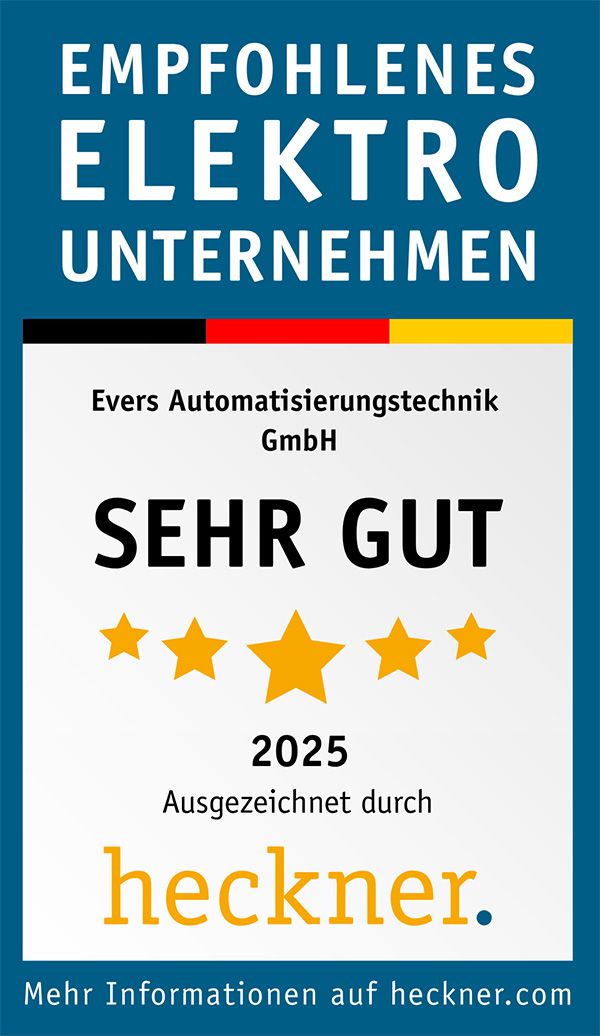 Auszeichnung für Evers Automatisierungstechnik GmbH als empfohlenes Elektro-Unternehmen 2025, Bewertung: Sehr gut.